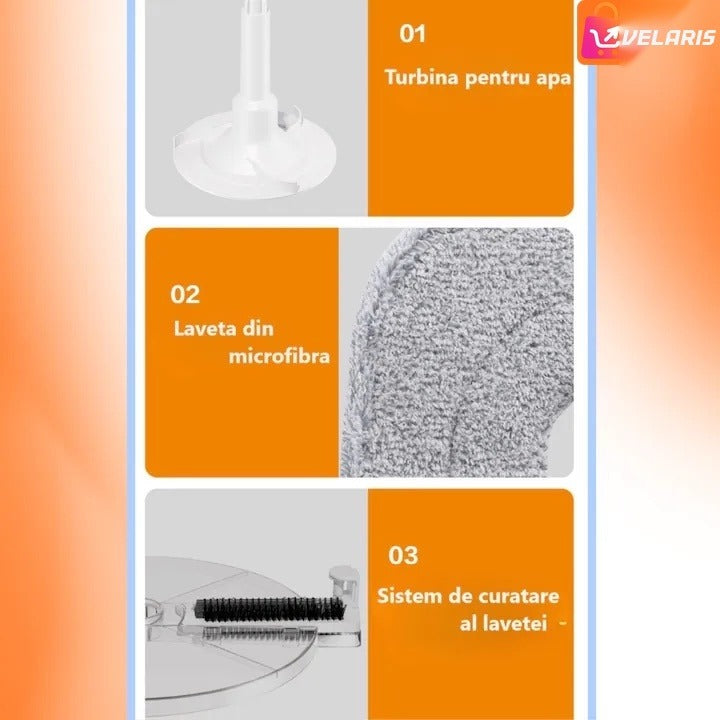 Mop rotativ cu găleată, 2 lavete microfibră, funcție de autocurățare, rotire 360°, stors automat, gri deschis