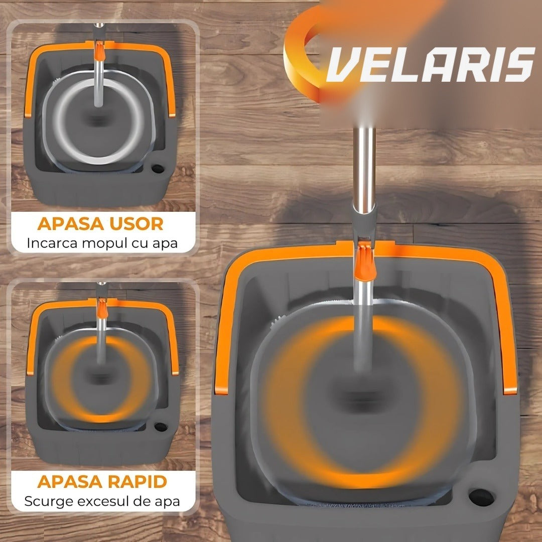 Mop rotativ cu găleată, 2 lavete microfibră, funcție de autocurățare, rotire 360°, stors automat, gri închis