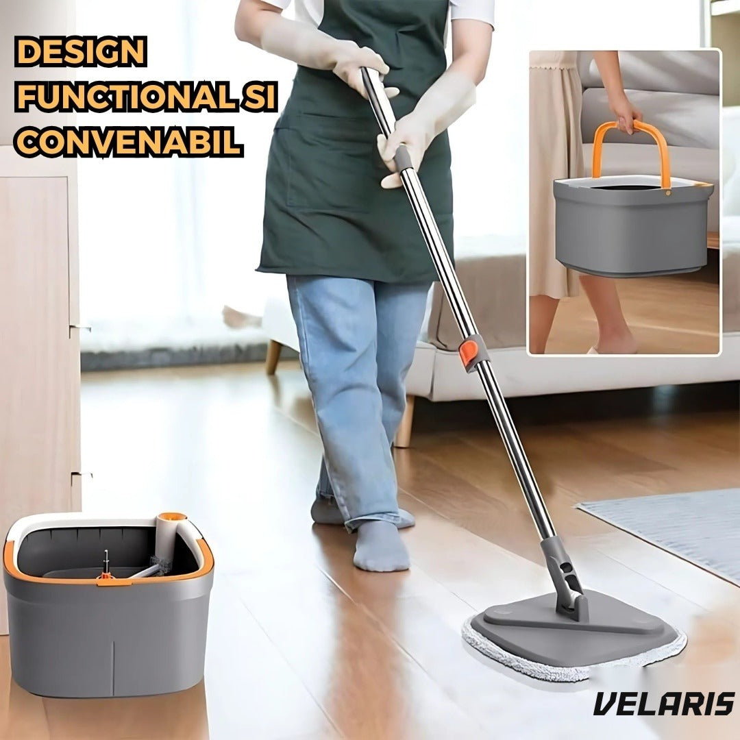 Mop rotativ cu găleată, 2 lavete microfibră, funcție de autocurățare, rotire 360°, stors automat, gri închis