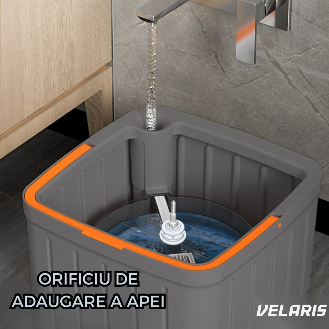 Mop rotativ cu găleată, 2 lavete microfibră, funcție de autocurățare, rotire 360°, stors automat, gri închis