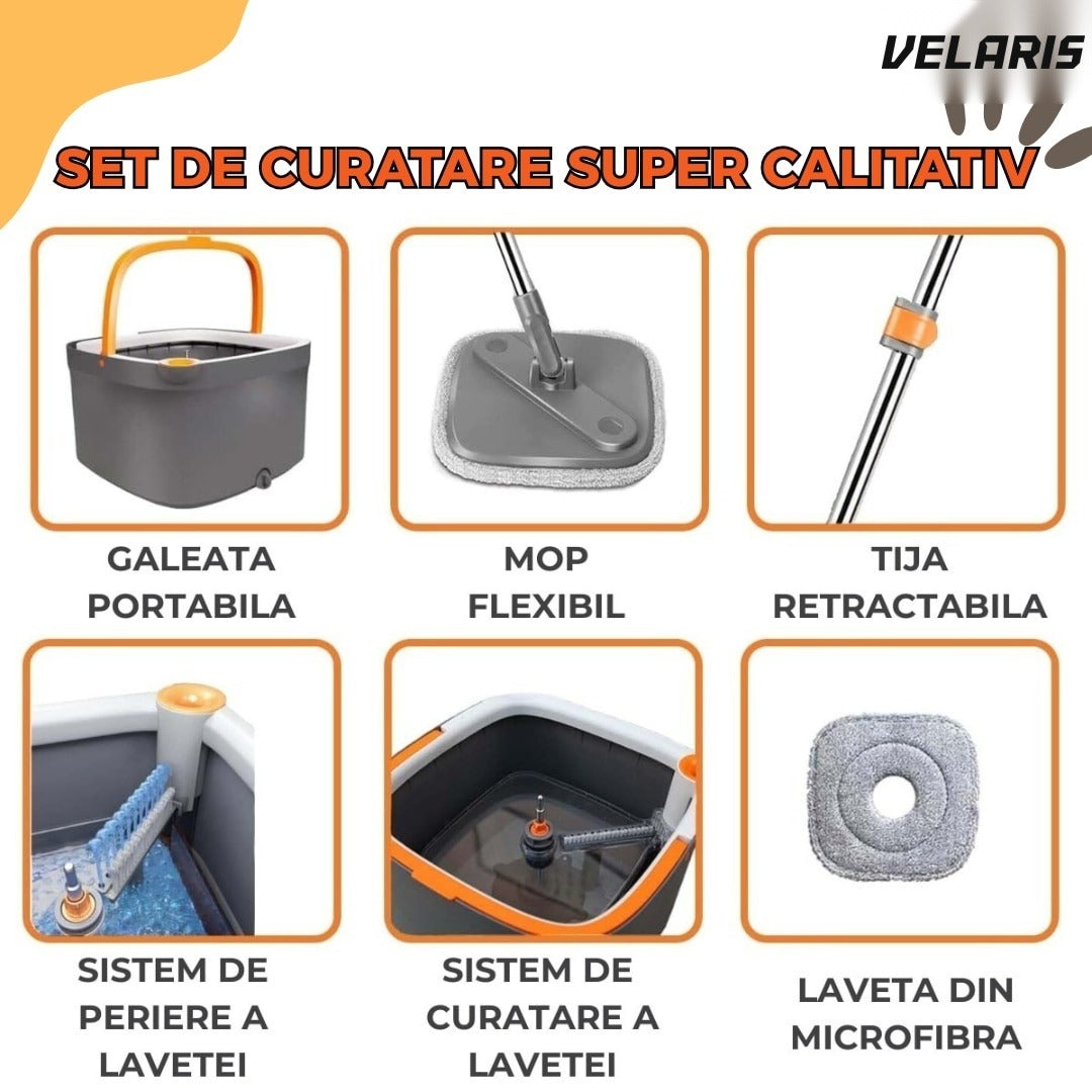 Mop rotativ cu găleată, 2 lavete microfibră, funcție de autocurățare, rotire 360°, stors automat, gri închis