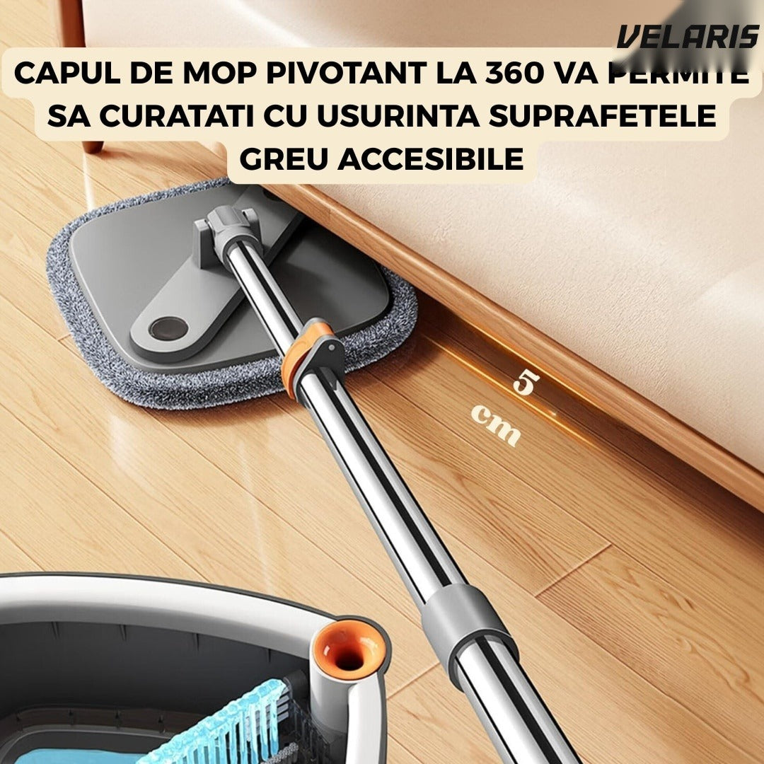 Mop rotativ cu găleată, 2 lavete microfibră, funcție de autocurățare, rotire 360°, stors automat, gri închis