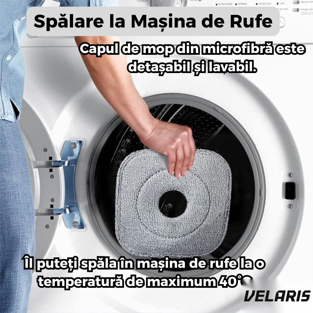 Mop rotativ cu găleată, 2 lavete microfibră, funcție de autocurățare, rotire 360°, stors automat, gri închis