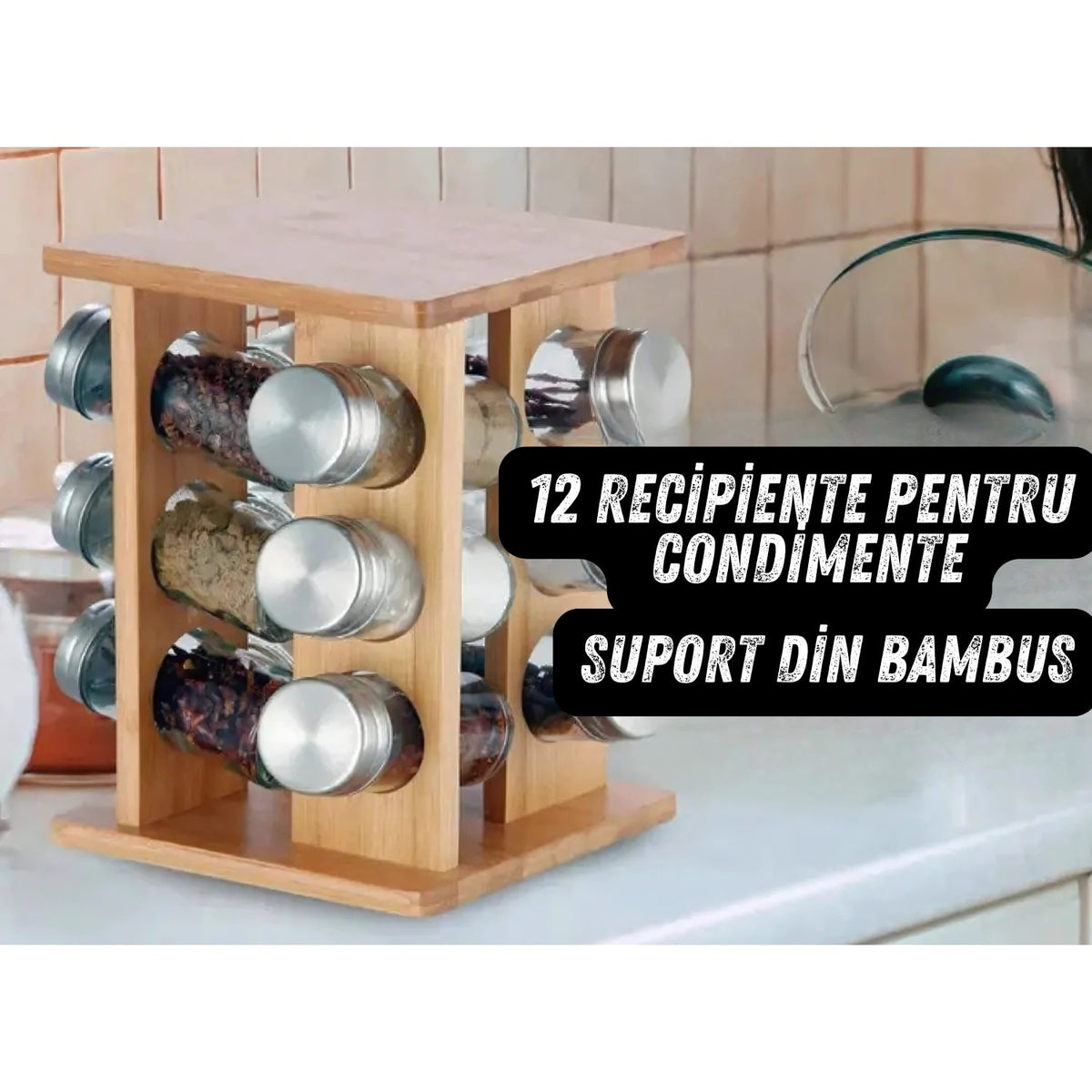 Carusel condimente 12 borcane sticlă, suport bambus, rotire 360°