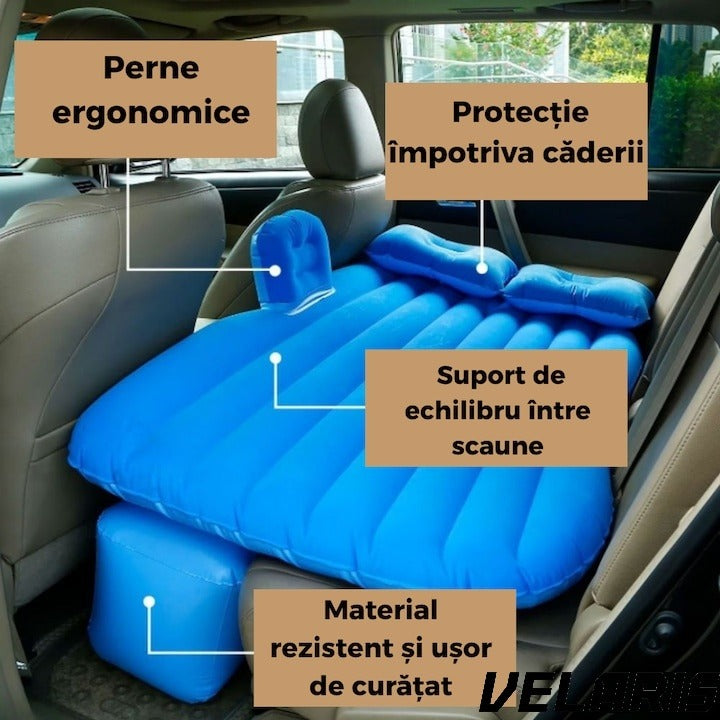 Saltea Gonflabila Auto cu Perne si Suport de Echilibru, Ideala pentru Bancheta din Spate, Camping, Calatorii si Relaxare, Albastru