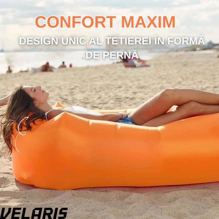 Saltea gonflabila tip sezlong Lazybag, material rezistent, umflare fara pompa, pentru plaja/picnic/camping, rucsac de depozitare, 190 x 70 cm,Portocaliu