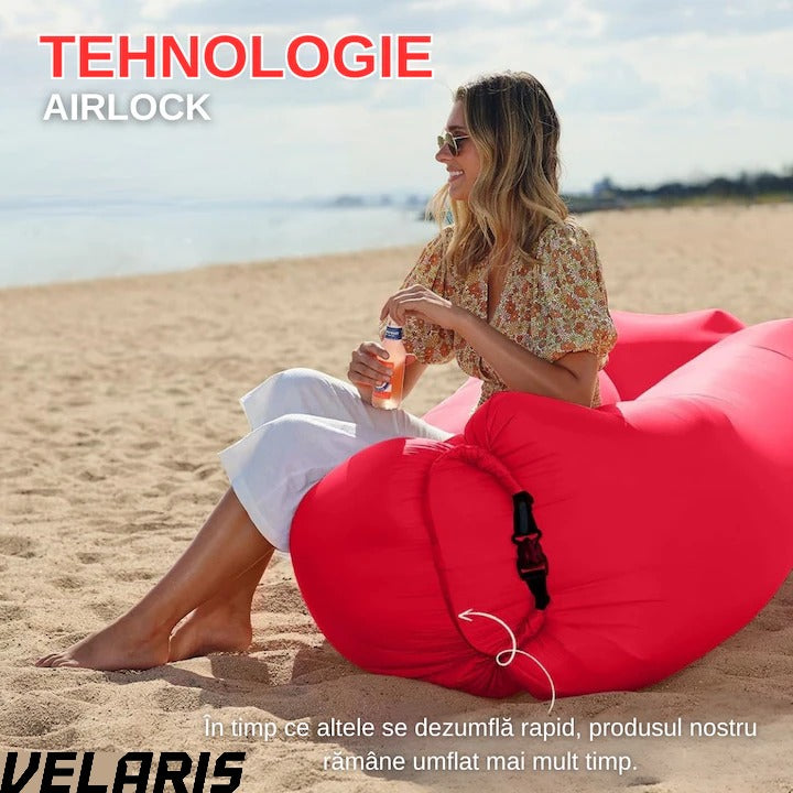 Saltea gonflabila tip sezlong Lazybag, material rezistent, umflare fara pompa, pentru plaja/picnic/camping, rucsac de depozitare, 190 x 70 cm,rosu