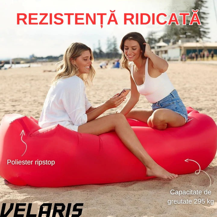 Saltea gonflabila tip sezlong Lazybag, material rezistent, umflare fara pompa, pentru plaja/picnic/camping, rucsac de depozitare, 190 x 70 cm,rosu