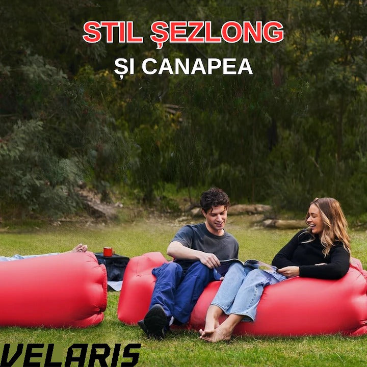 Saltea gonflabila tip sezlong Lazybag, material rezistent, umflare fara pompa, pentru plaja/picnic/camping, rucsac de depozitare, 190 x 70 cm,rosu