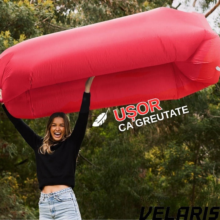Saltea gonflabila tip sezlong Lazybag, material rezistent, umflare fara pompa, pentru plaja/picnic/camping, rucsac de depozitare, 190 x 70 cm,rosu