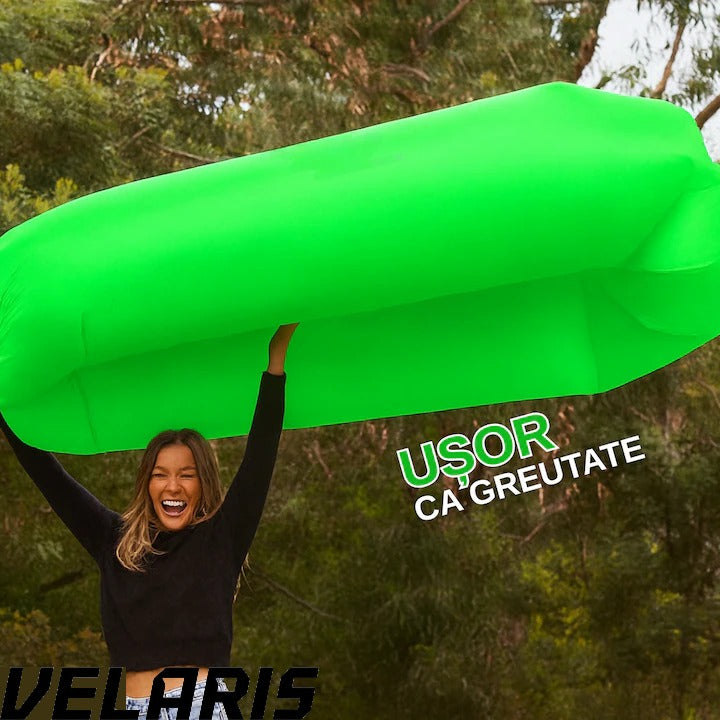 Saltea gonflabila tip sezlong Lazybag, material rezistent, umflare fara pompa, pentru plaja/picnic/camping, rucsac de depozitare, 190 x 70 cm, verde