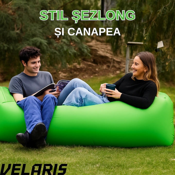 Saltea gonflabila tip sezlong Lazybag, material rezistent, umflare fara pompa, pentru plaja/picnic/camping, rucsac de depozitare, 190 x 70 cm, verde
