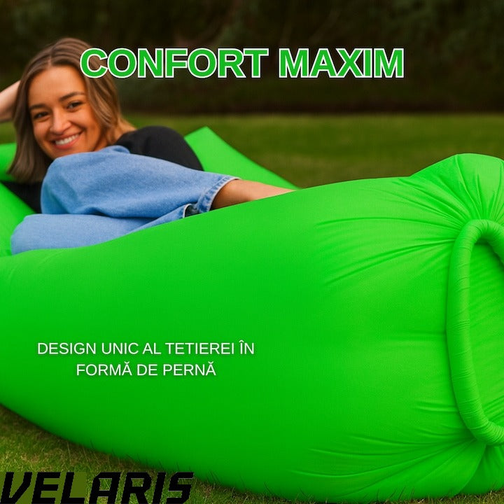 Saltea gonflabila tip sezlong Lazybag, material rezistent, umflare fara pompa, pentru plaja/picnic/camping, rucsac de depozitare, 190 x 70 cm, verde