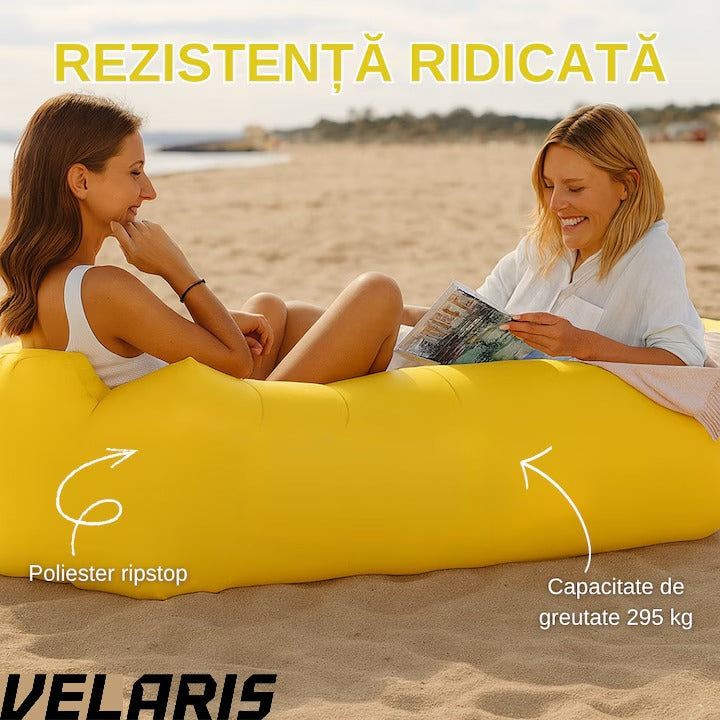 Saltea gonflabila tip sezlong Lazybag, material rezistent, umflare fara pompa, pentru plaja/picnic/camping, rucsac de depozitare, 190 x 70 cm, Galben