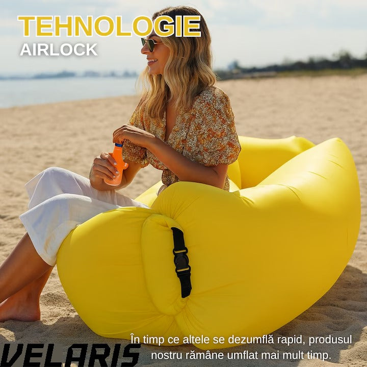 Saltea gonflabila tip sezlong Lazybag, material rezistent, umflare fara pompa, pentru plaja/picnic/camping, rucsac de depozitare, 190 x 70 cm, Galben