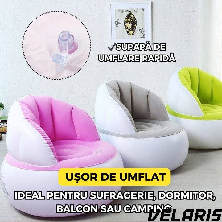 Scaun gonflabil confortabil cu pompa inclusa, design modern, dimensiuni 85x70 cm, ideal pentru interior si exterior, roz