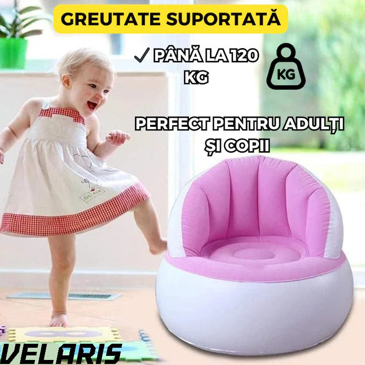 Scaun gonflabil confortabil cu pompa inclusa, design modern, dimensiuni 85x70 cm, ideal pentru interior si exterior, roz