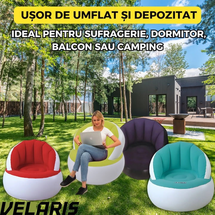 Scaun gonflabil confortabil cu pompa inclusa, design modern, dimensiuni 85x70 cm, ideal pentru interior si exterior, Mov
