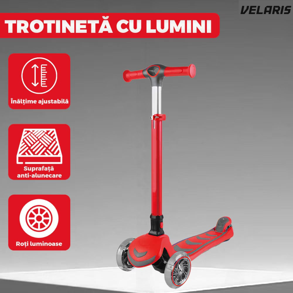 Trotineta copii cu LED, 3 roți, pliabilă, reglabilă, frână integrată, 3-11 ani, roșie