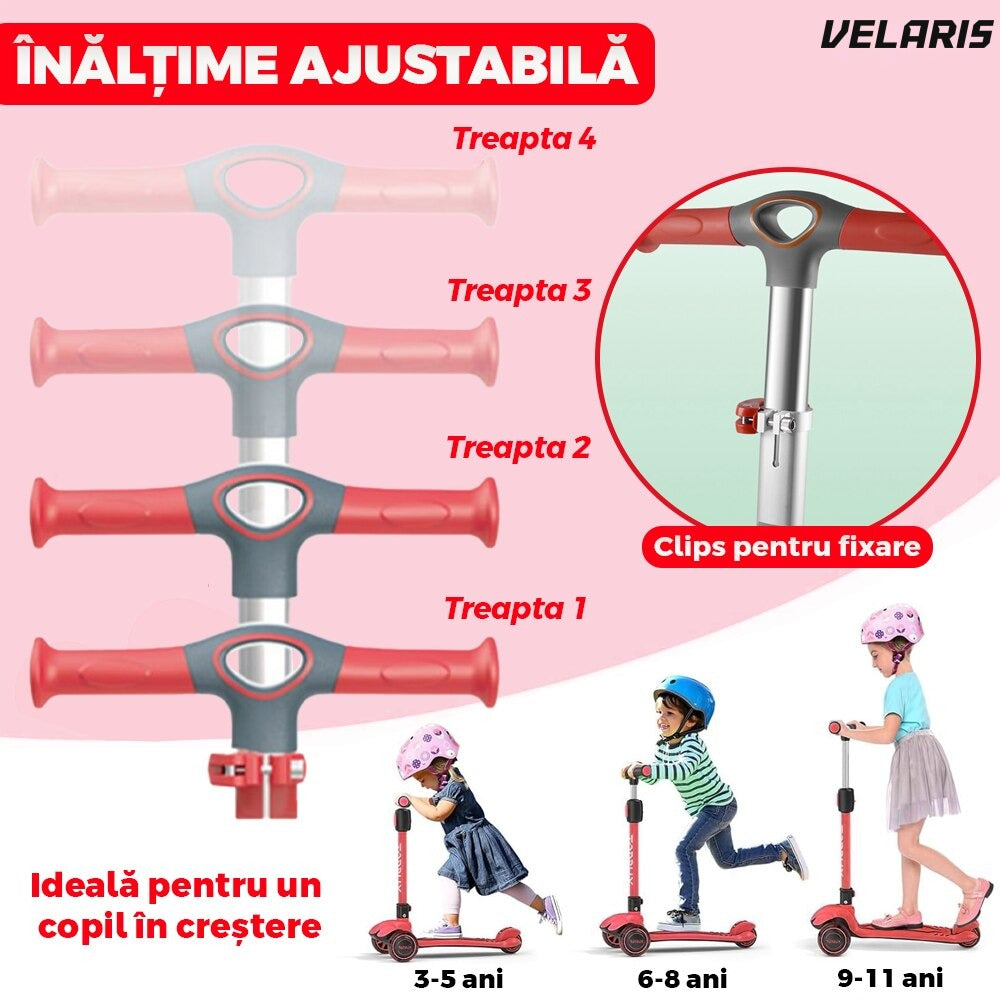 Trotineta copii cu LED, 3 roți, pliabilă, reglabilă, frână integrată, 3-11 ani, roșie
