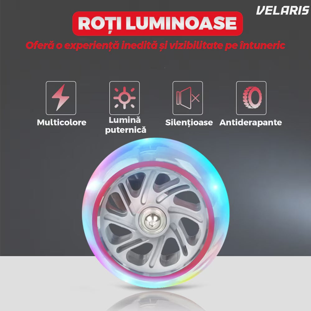 Trotineta copii cu LED, 3 roți, pliabilă, reglabilă, frână integrată, 3-11 ani, roșie