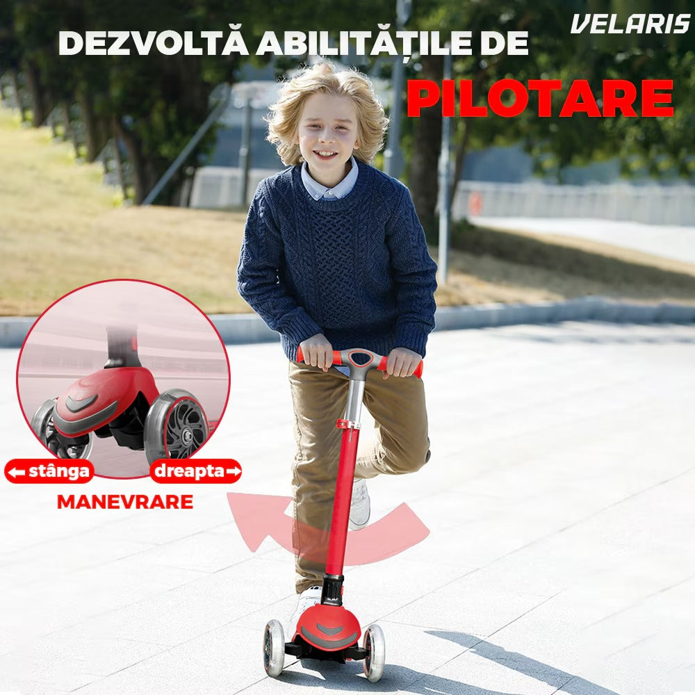 Trotineta copii cu LED, 3 roți, pliabilă, reglabilă, frână integrată, 3-11 ani, roșie