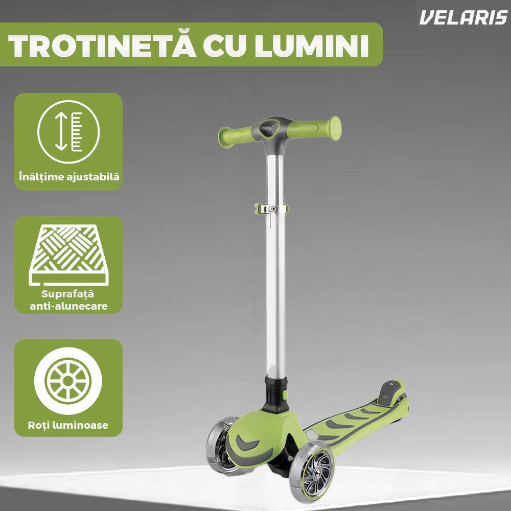 Trotineta copii cu LED, 3 roți, pliabilă, reglabilă, frână integrată, 3-11 ani, verde