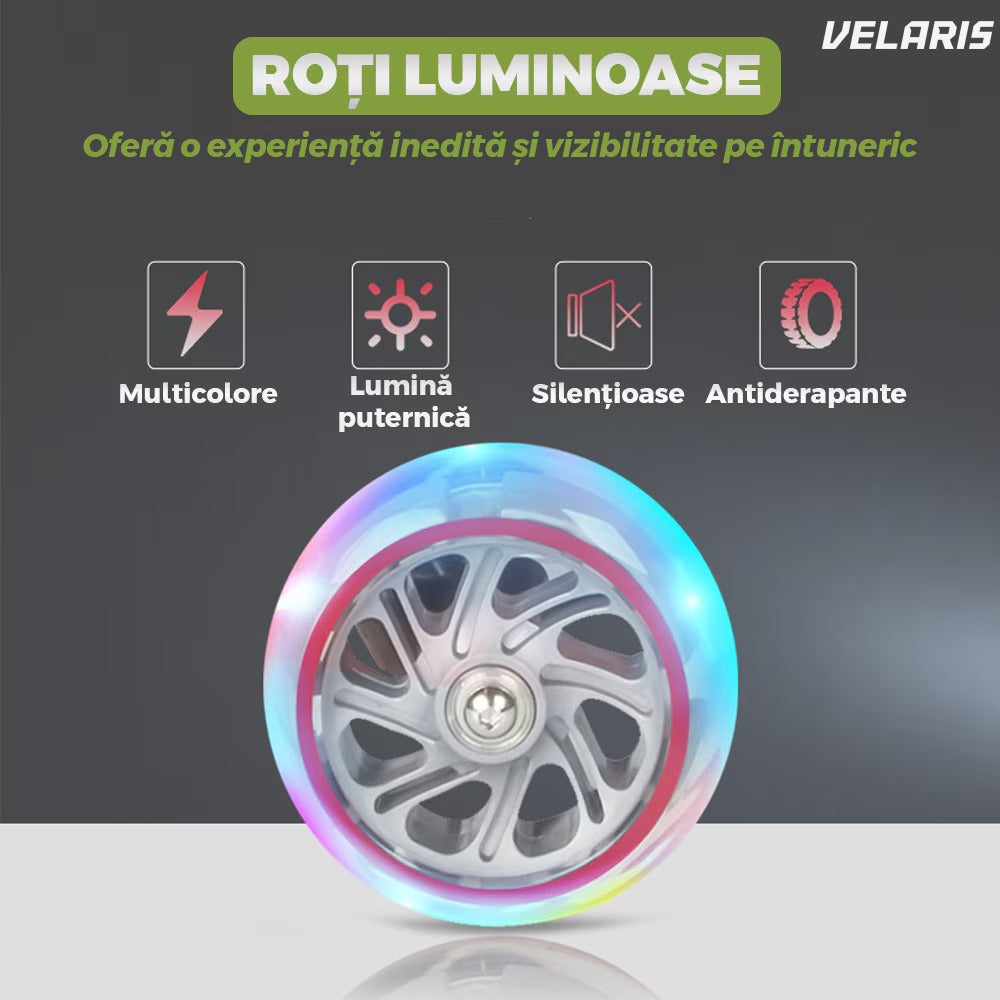 Trotineta copii cu LED, 3 roți, pliabilă, reglabilă, frână integrată, 3-11 ani, verde