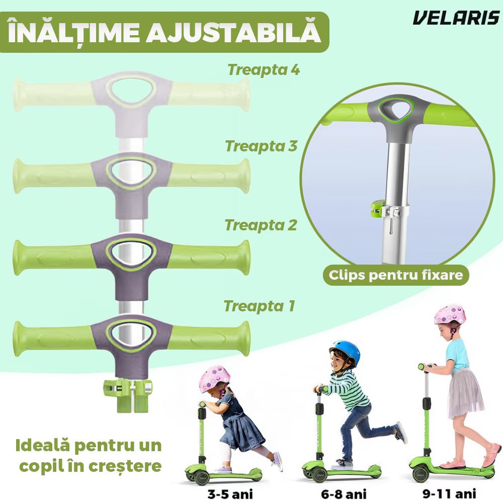 Trotineta copii cu LED, 3 roți, pliabilă, reglabilă, frână integrată, 3-11 ani, verde