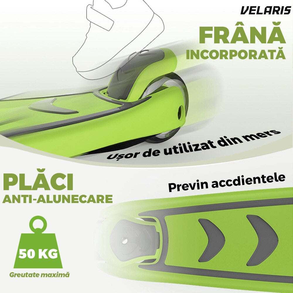Trotineta copii cu LED, 3 roți, pliabilă, reglabilă, frână integrată, 3-11 ani, verde