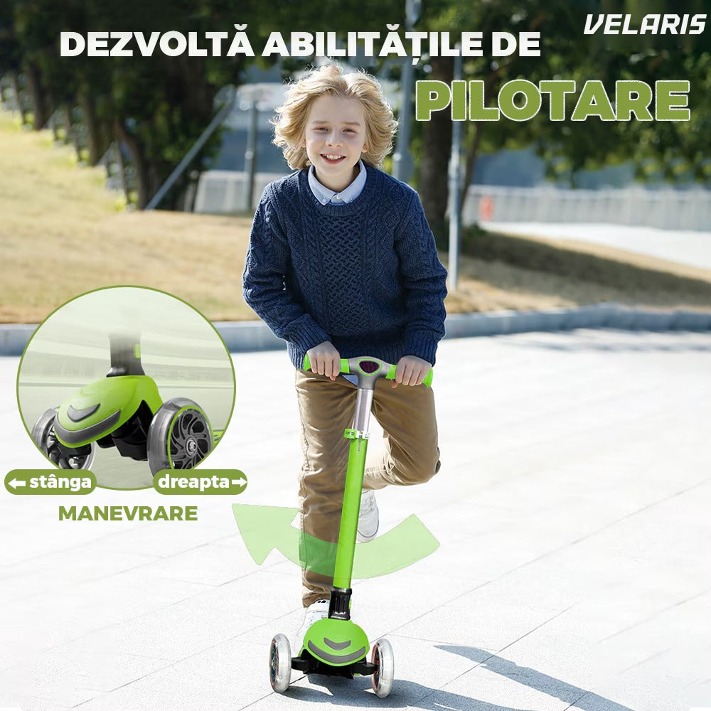 Trotineta copii cu LED, 3 roți, pliabilă, reglabilă, frână integrată, 3-11 ani, verde
