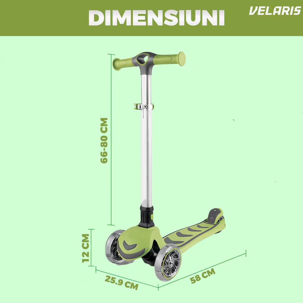 Trotineta copii cu LED, 3 roți, pliabilă, reglabilă, frână integrată, 3-11 ani, verde