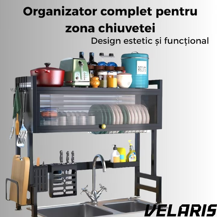 Scurgator vase deasupra chiuvetei, raft multifunctional, suport tacamuri, 3 niveluri, inox, uscare eficienta, negru, 95 cm
