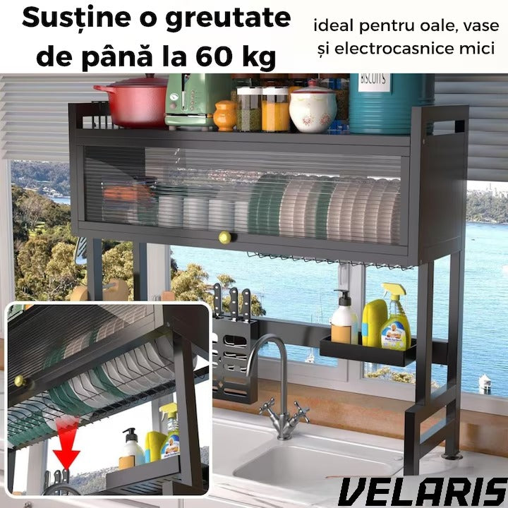 Scurgator vase deasupra chiuvetei, raft multifunctional, suport tacamuri, 3 niveluri, inox, uscare eficienta, negru, 95 cm