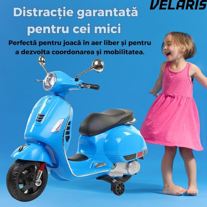 Scuter electric pentru copii 3-8 ani, design realist Vespa, cu 2 baterii reincarcabile 6V, lumini functionale, roti ajutatoare, sistem audio si oglinzi, pana la 6 km/h, Albastru