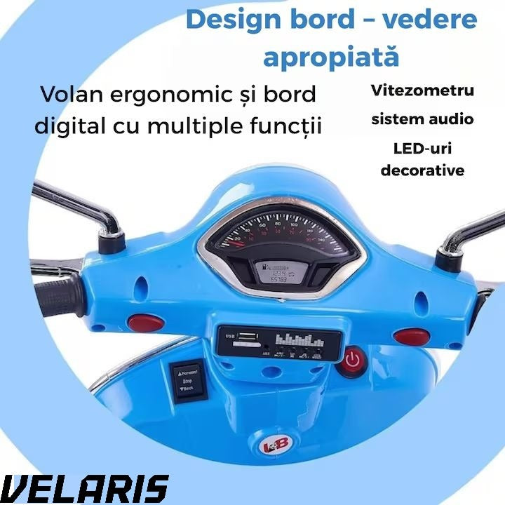 Scuter electric pentru copii 3-8 ani, design realist Vespa, cu 2 baterii reincarcabile 6V, lumini functionale, roti ajutatoare, sistem audio si oglinzi, pana la 6 km/h, Albastru