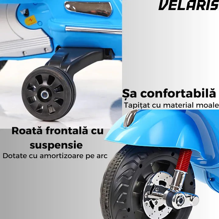 Scuter electric pentru copii 3-8 ani, design realist Vespa, cu 2 baterii reincarcabile 6V, lumini functionale, roti ajutatoare, sistem audio si oglinzi, pana la 6 km/h, Albastru