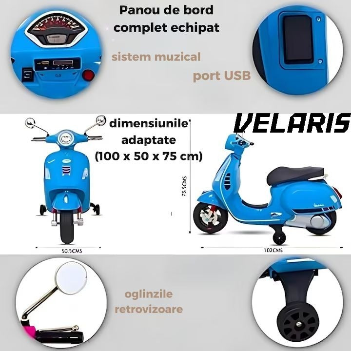 Scuter electric pentru copii 3-8 ani, design realist Vespa, cu 2 baterii reincarcabile 6V, lumini functionale, roti ajutatoare, sistem audio si oglinzi, pana la 6 km/h, Albastru