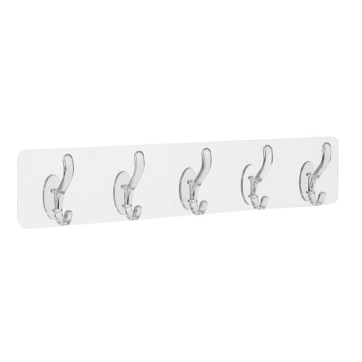 Suport autoadeziv cu 5 cârlige, plastic transparent, multifuncțional baie sau bucătărie, 35x7 cm