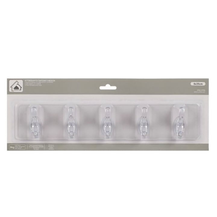 Suport autoadeziv cu 5 cârlige, plastic transparent, multifuncțional baie sau bucătărie, 35x7 cm