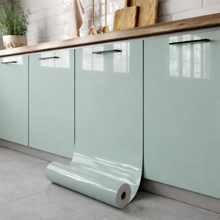 Folie autoadeziva verde salvie lucios, rezistenta termica, 10 m x 60 cm