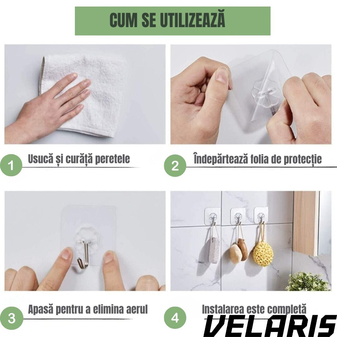 Set 10 carlige autoadezive transparente pentru prosoape, impermeabile, ABS durabil, 180° rotative, fixare puternica si reutilizabila, pentru baie, bucatarie si dormitor
