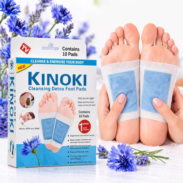 Set 10 plastri detoxifianti KINOKI pentru picioare cu floare albastra, detoxifiere naturala