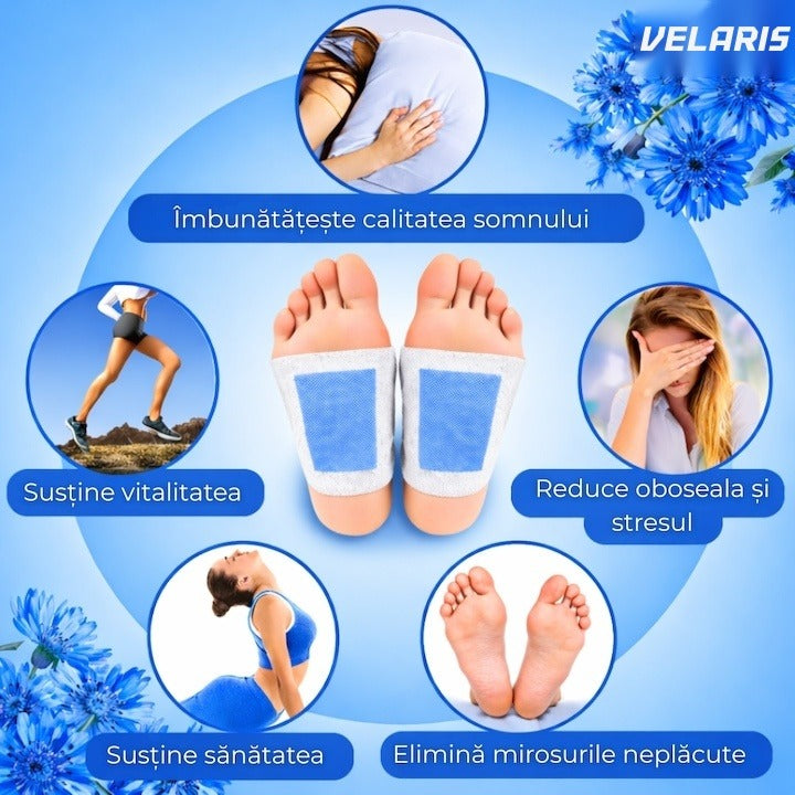 Set 10 plastri detoxifianti KINOKI pentru picioare cu floare albastra, detoxifiere naturala