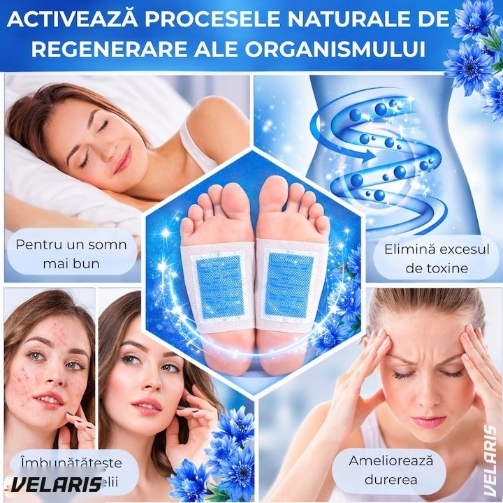 Set 10 plastri detoxifianti KINOKI pentru picioare cu floare albastra, detoxifiere naturala