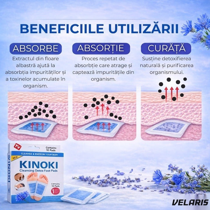 Set 10 plastri detoxifianti KINOKI pentru picioare cu floare albastra, detoxifiere naturala