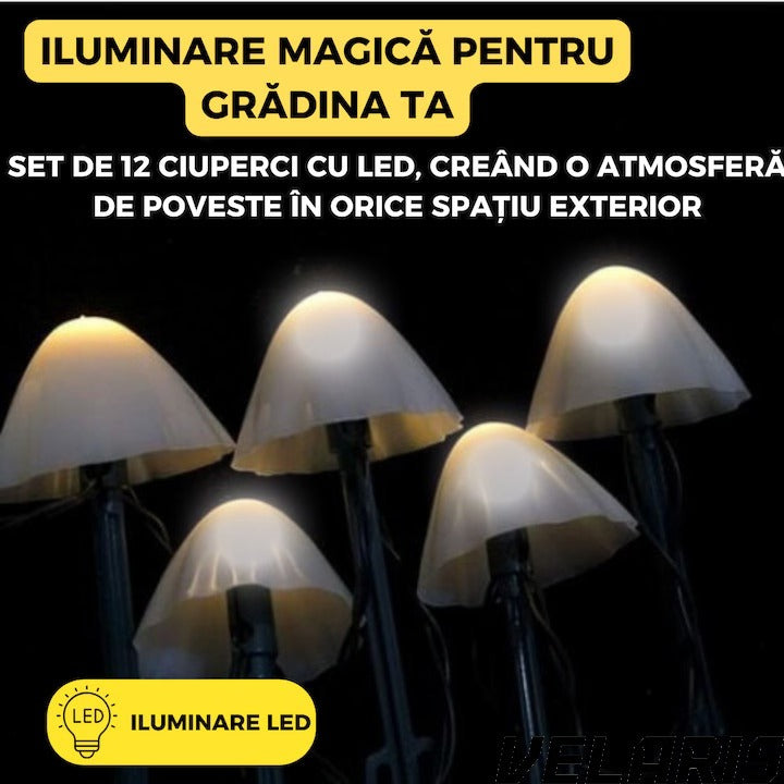 Set 10 lumini solare de gradina, LED, alb cald, 5m, rezistente la apa, design tip ciuperci