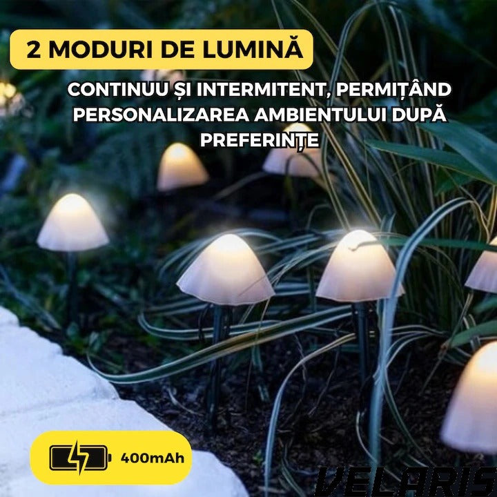 Set 10 lumini solare de gradina, LED, alb cald, 5m, rezistente la apa, design tip ciuperci