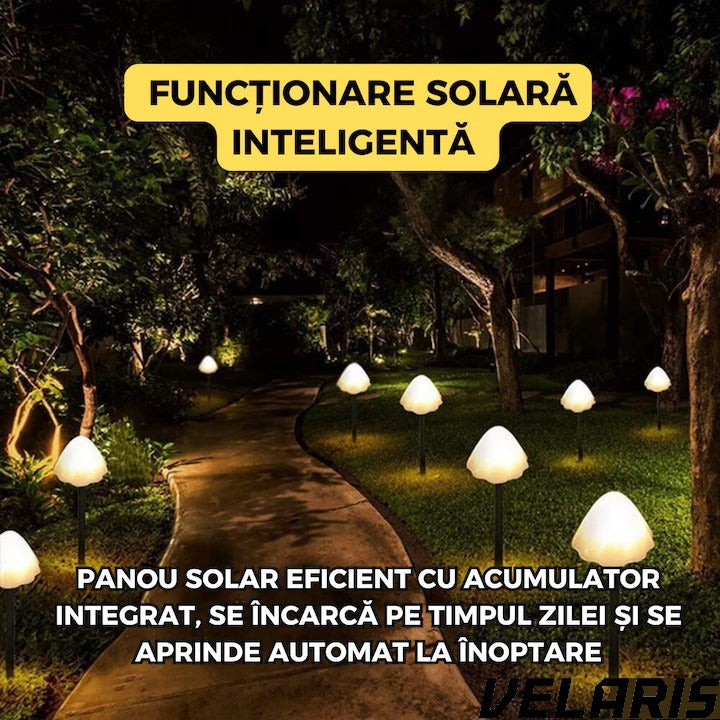 Set 10 lumini solare de gradina, LED, alb cald, 5m, rezistente la apa, design tip ciuperci