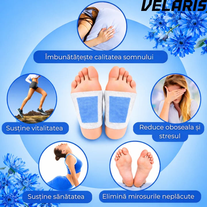 Set 10 Plasturi Plasturi Detox KINOKI pentru Picioare cu floare albastra, Detoxifiere Naturala, Eliminare Toxine, Reducere Miros Neplacut, Imbunatatire Somn, Relaxare si Revitalizare
